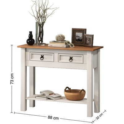 Corona White 2 Drawer Console Table 1 Shelf Hallway Side Unit Solid Pine with Mexican Styling