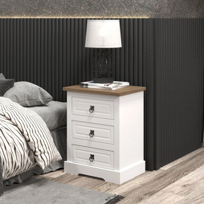 Corona White 3 Drawer Bedside Table Storage Waxed Mexican Styling Solid Pine Top