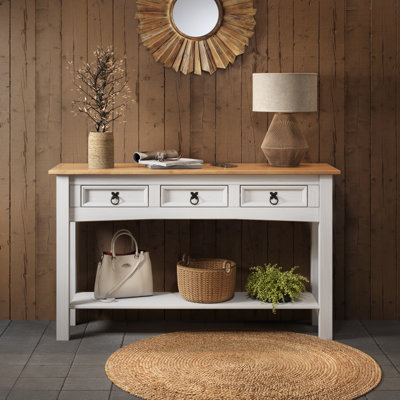 Corona White 3 Drawer Console Table 1 Shelf Hallway Side Unit Solid Pine with Mexican Styling