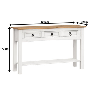 Corona White 3 Drawer Console Table 1 Shelf Hallway Side Unit Solid Pine with Mexican Styling