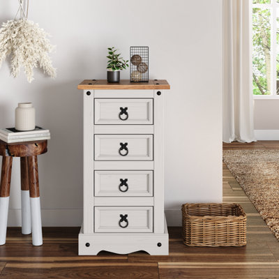 Corona White 4 Drawer Narrow Bedside Chest Table Cabinet Solid Pine with Mexican Styling