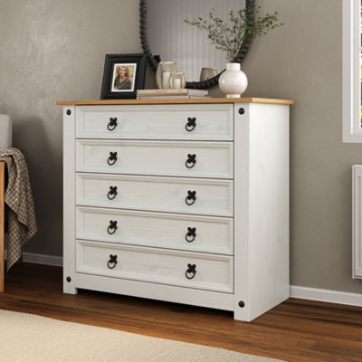 Corona White 5 Drawer Chest of Drawers Mexican Solid Pine Wood