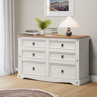 Corona White Low 3+3 Wide 6 Drawer Chest Sideboard Solid Pine with Mexican Styling