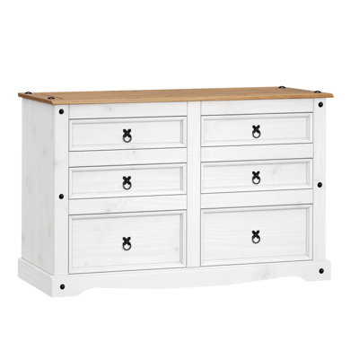 Corona White Low 3+3 Wide 6 Drawer Chest Sideboard Solid Pine with Mexican Styling