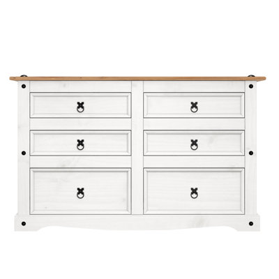 Corona White Low 3+3 Wide 6 Drawer Chest Sideboard Solid Pine with Mexican Styling