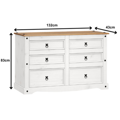 Corona White Low 3+3 Wide 6 Drawer Chest Sideboard Solid Pine with Mexican Styling
