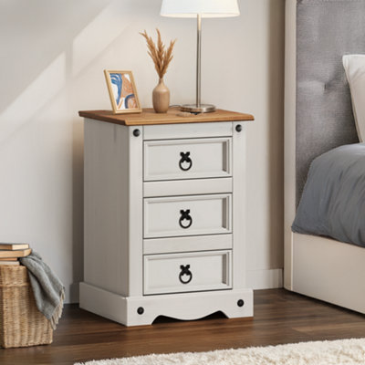 Corona White Medium 3 Drawer Bedside Chest Table Solid Pine with Mexican Styling