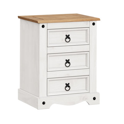 Corona White Medium 3 Drawer Bedside Chest Table Solid Pine with Mexican Styling
