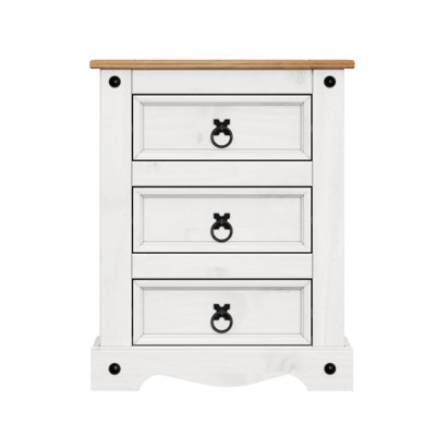 Corona White Medium 3 Drawer Bedside Chest Table Solid Pine with Mexican Styling