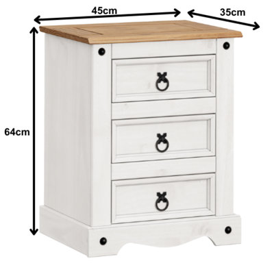 Corona White Medium 3 Drawer Bedside Chest Table Solid Pine with Mexican Styling