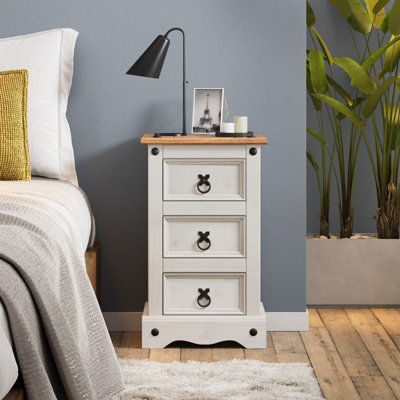 Corona White Narrow 3 Drawer Bedside Chest Table Solid Pine with Mexican Styling