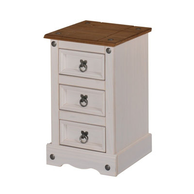 Corona White Narrow 3 Drawer Bedside Chest Table Solid Pine with Mexican Styling