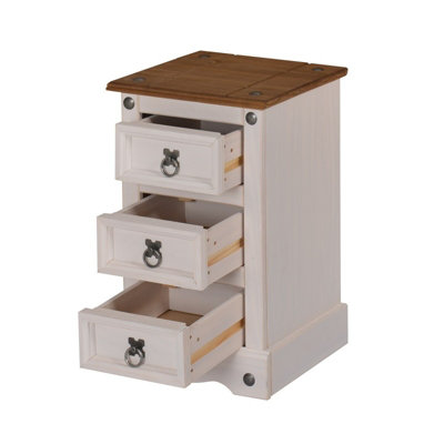 Corona White Narrow 3 Drawer Bedside Chest Table Solid Pine with Mexican Styling