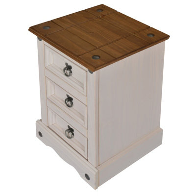 Corona White Narrow 3 Drawer Bedside Chest Table Solid Pine with Mexican Styling