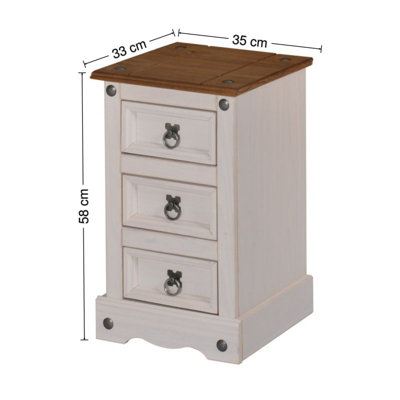 Corona White Narrow 3 Drawer Bedside Chest Table Solid Pine with Mexican Styling