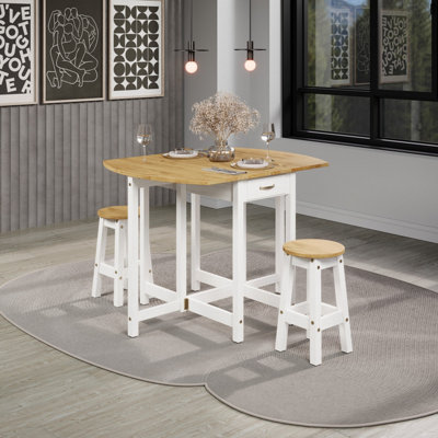 Corona White oval breakfast drop leaf gateleg table & 2 stool set, 114.0/50.0cm wide x 89cm deep x 84cm high