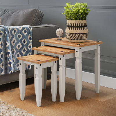 Corona White Piccolo Nest of 3 Tables Side Occasional Solid Pine with Mexican Styling