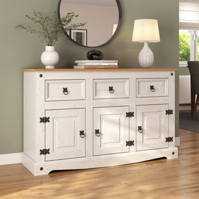 Corona White Sideboard 3 Door 3 Drawer Mexican Solid Pine Wood