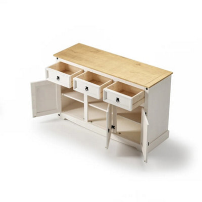 Corona White Sideboard 3 Door 3 Drawer Mexican Solid Pine Wood