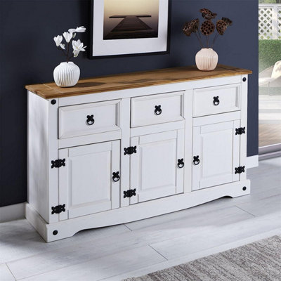 Corona White Sideboard 3 Door 3 Drawer Mexican Solid Pine Wood