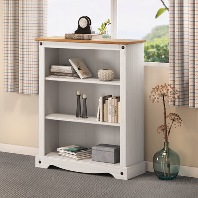 Corona White Small Low 3 Shelf Bookcase Solid Pine with Mexican Styling