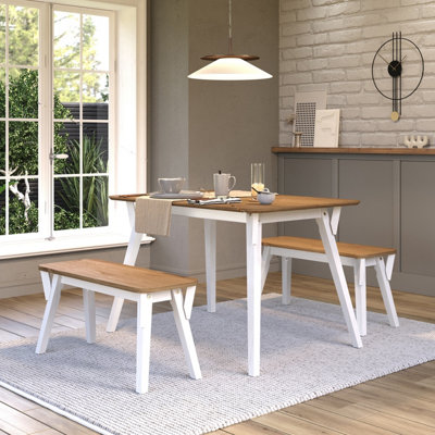 Corona White Solid Pine 120cm Rectangular Table & 2 Bench Set - White ...