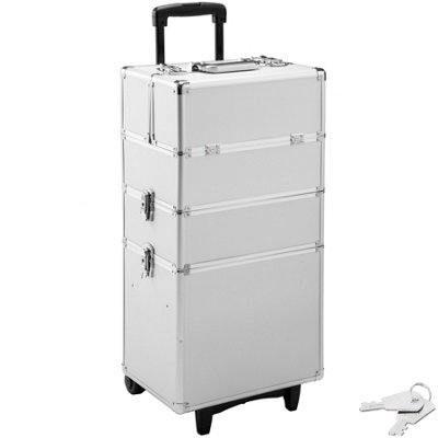 Cosmetic Makeup Bag - large volume, 4 locking sections, rolling suitcase style, velvet-like lining, 35 x 25 x 68 cm - silver Price Comparisons | Compare The Build