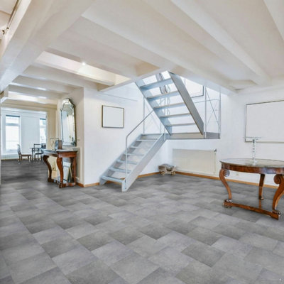 Cosmo Cement Vinyl Tile Effect by Rhino Classic Lino Flooring Sheet Vinyl Flooring - 2m(6'6") X 2m(6'6")-4m² - 5