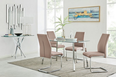 Cosmo Rectangular Chrome Metal And Glass Dining Table for Modern Dining Room With 4 Beige Faux Leather Lorenzo Dining Chairs
