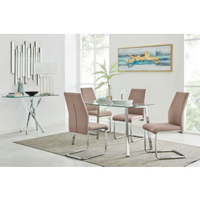 Cosmo Rectangular Chrome Metal And Glass Dining Table for Modern Dining Room With 4 Beige Faux Leather Lorenzo Dining Chairs
