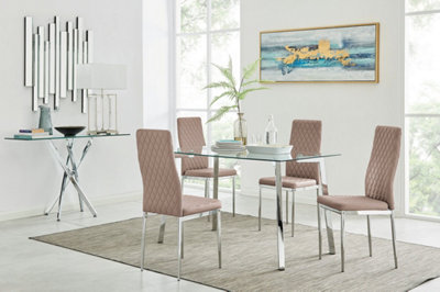 Cosmo Rectangular Chrome Metal And Glass Dining Table for Modern Dining Room With 4 Beige Faux Leather Milan Dining Chairs