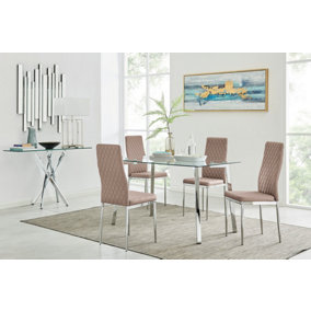 Cosmo Rectangular Chrome Metal And Glass Dining Table for Modern Dining Room With 4 Beige Faux Leather Milan Dining Chairs