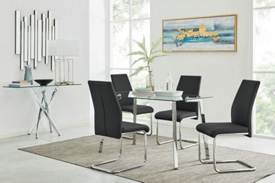 Cosmo Rectangular Chrome Metal And Glass Dining Table for Modern Dining Room With 4 Black Faux Leather Lorenzo Dining Chairs