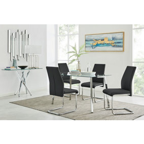 Cosmo Rectangular Chrome Metal And Glass Dining Table for Modern Dining Room With 4 Black Faux Leather Lorenzo Dining Chairs