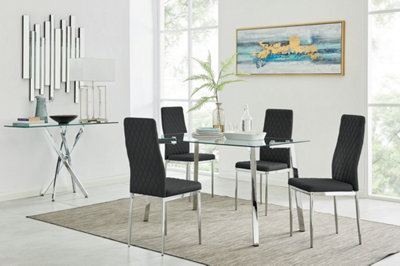 Cosmo Rectangular Chrome Metal And Glass Dining Table for Modern Dining Room With 4 Black Faux Leather Milan Dining Chairs