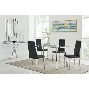 Cosmo Rectangular Chrome Metal And Glass Dining Table for Modern Dining Room With 4 Black Faux Leather Milan Dining Chairs