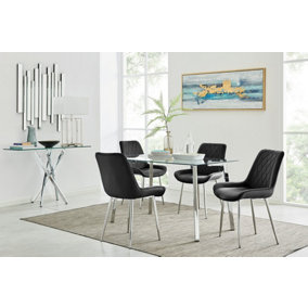Cosmo Rectangular Chrome Metal And Glass Dining Table for Modern Dining Room With 4 Black Velvet Pesaro Dining Chairs
