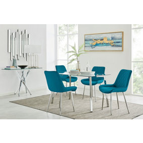 Cosmo Rectangular Chrome Metal And Glass Dining Table for Modern Dining Room With 4 Blue Velvet Pesaro Dining Chairs