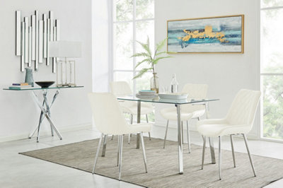 Cosmo Rectangular Chrome Metal And Glass Dining Table for Modern Dining Room With 4 Cream Velvet Pesaro Dining Chairs