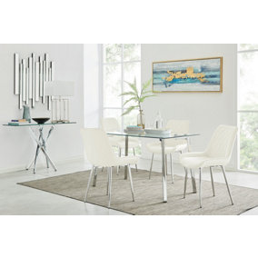 Cosmo Rectangular Chrome Metal And Glass Dining Table for Modern Dining Room With 4 Cream Velvet Pesaro Dining Chairs