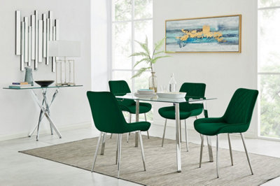 Cosmo Rectangular Chrome Metal And Glass Dining Table for Modern Dining Room With 4 Green Velvet Pesaro Dining Chairs