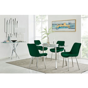 Cosmo Rectangular Chrome Metal And Glass Dining Table for Modern Dining Room With 4 Green Velvet Pesaro Dining Chairs