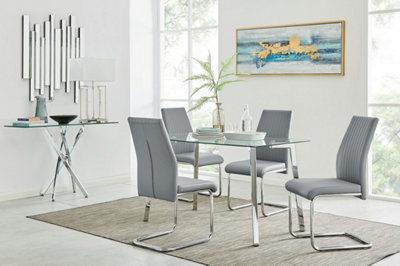 Cosmo Rectangular Chrome Metal And Glass Dining Table for Modern Dining Room With 4 Grey Faux Leather Lorenzo Dining Chairs