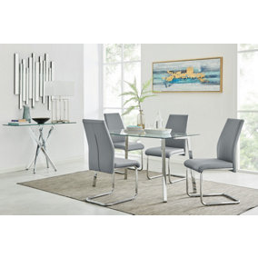 Cosmo Rectangular Chrome Metal And Glass Dining Table for Modern Dining Room With 4 Grey Faux Leather Lorenzo Dining Chairs