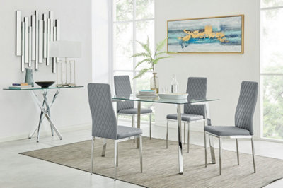 Cosmo Rectangular Chrome Metal And Glass Dining Table for Modern Dining Room With 4 Grey Faux Leather Milan Dining Chairs