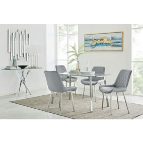 Cosmo Rectangular Chrome Metal And Glass Dining Table for Modern Dining Room With 4 Grey Velvet Pesaro Dining Chairs
