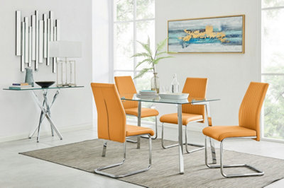 Cosmo Rectangular Chrome Metal And Glass Dining Table for Modern Dining Room With 4 Mustard Faux Leather Lorenzo Dining Chairs