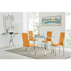 Cosmo Rectangular Chrome Metal And Glass Dining Table for Modern Dining Room With 4 Mustard Faux Leather Milan Dining Chairs