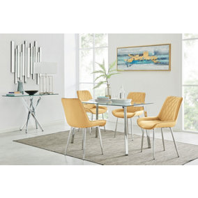 Cosmo Rectangular Chrome Metal And Glass Dining Table for Modern Dining Room With 4 Mustard Velvet Pesaro Dining Chairs