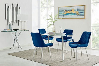 Cosmo Rectangular Chrome Metal And Glass Dining Table for Modern Dining Room With 4 Navy Velvet Pesaro Dining Chairs